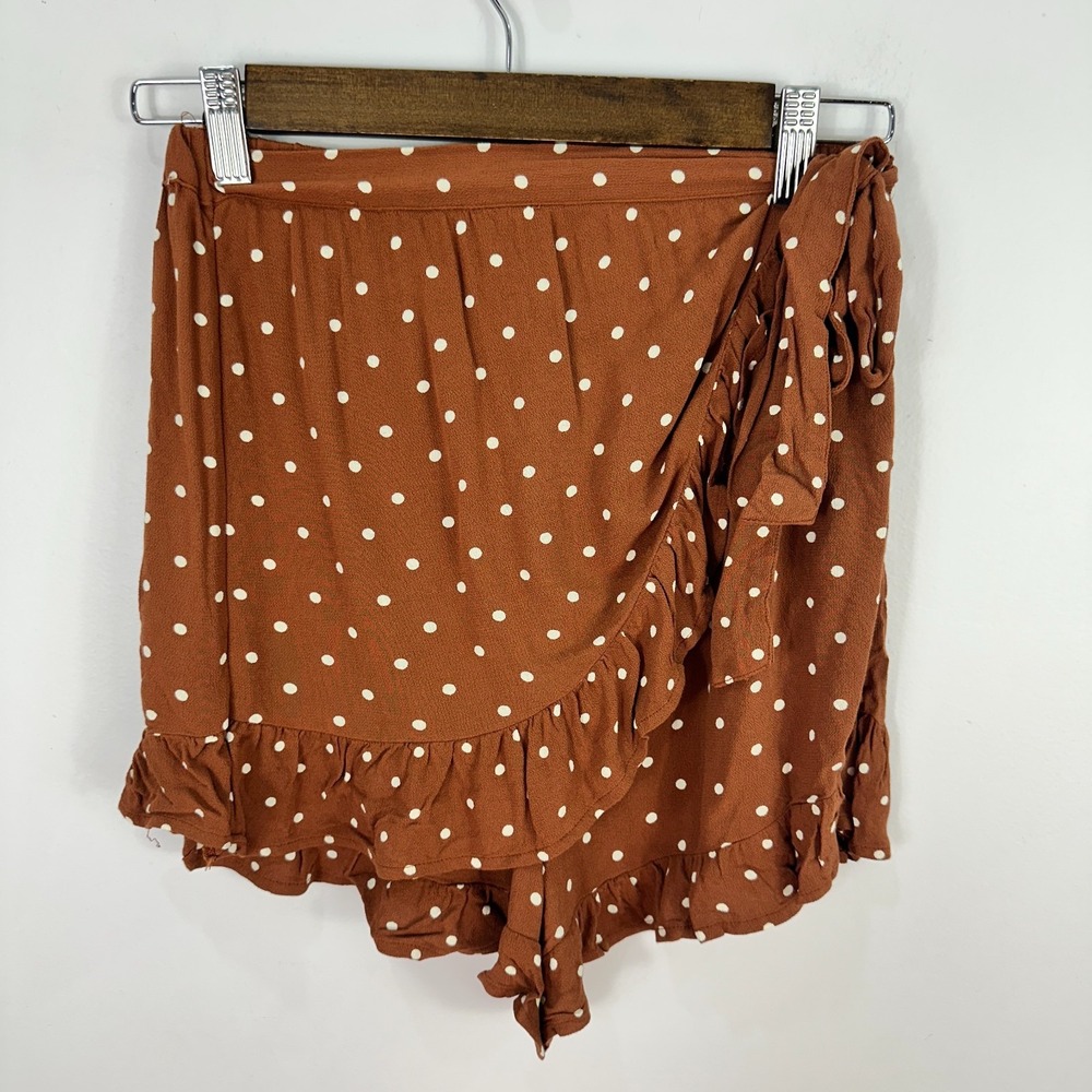 American Eagle Ruffle Wrap Shorts Womens XS Brown Polka Dot Boho Summer‎ Skort